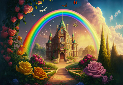 Papier peint mural « Château de conte de fées arc-en-ciel » pour chambre d'enfant