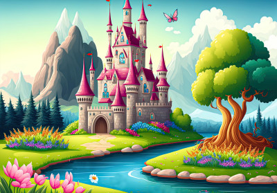 Papier peint mural « Château rose et rivière » pour chambre d'enfant