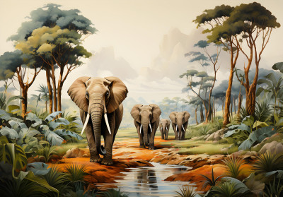 Papier peint mural « Éléphants de la savane » pour le salon