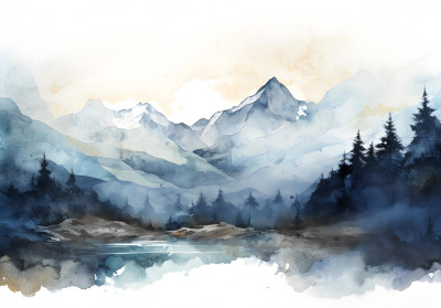 Papier peint mural aquarelle : montagnes et lac pour le salon