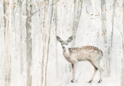 Papier peint mural « Cerf, bouleau et hiver » pour le salon