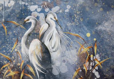 Papier peint mural « Hérons blancs » bleu et or pour le salon