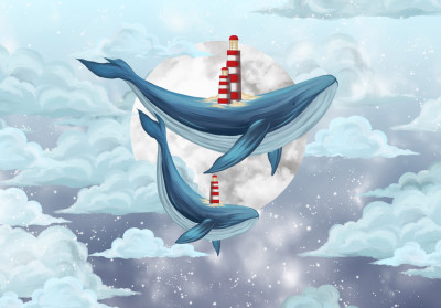 Papier peint mural : baleines, nuages et phare pour chambre d'enfant