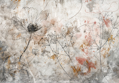 Papier peint mural avec un motif de fleurs en dessin au trait délicat, beige et gris, pour le salon