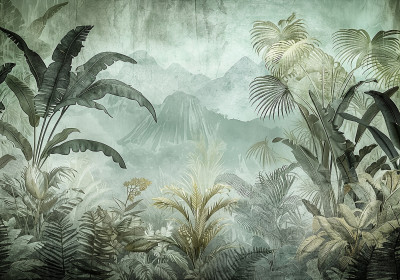 Papier peint mural « Jungle tropicale, palmiers et brume verte » pour le salon
