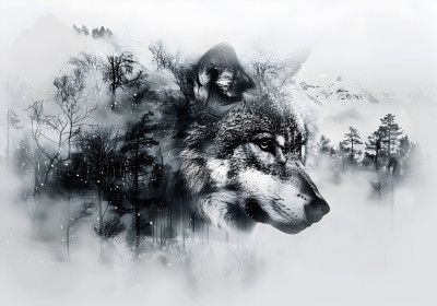 Papier peint mural « Loup, forêt, montagnes » noir et blanc pour le salon