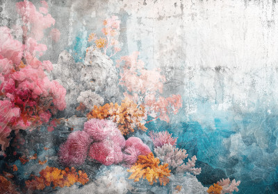 Papier peint mural « Récif de corail » rose et bleu sarcelle pour le salon