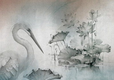 Papier peint mural « Héron et lotus » gris-vert pour le salon