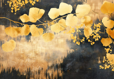 Papier peint mural « Feuilles de ginkgo dorées » pour salon, couleur or foncé