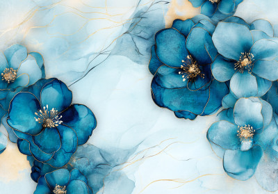Papier peint mural bleu à motifs de fleurs et de marbre doré pour le salon