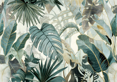 Papier peint mural « Feuilles tropicales et monstera » vert palmier pour le salon