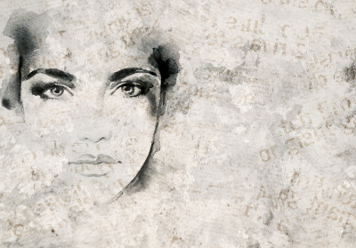 Papier peint photo : portrait de femme, aquarelle vintage, gris, salon, chambre à coucher, papier peint intissé