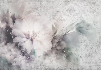 Papier peint mural « Fleurs de pivoine » aquarelle gris pastel pour chambre à coucher ou salon