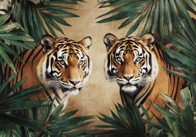 Papier peint mural : tigres, jungle, feuilles de palmier, orange et vert, salon, bureau