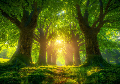 Papier peint mural : forêt, arbres, soleil, sentier, vert, salon, chambre