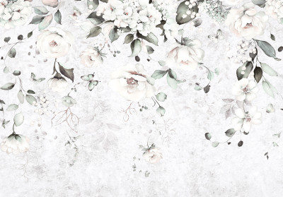 Papier peint mural : fleurs blanches, papillons, aquarelle, gris, chambre à coucher, salon