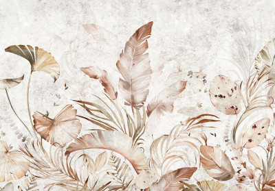 Papier peint mural « Feuilles et plumes » style bohème, beige et marron, pour chambre à coucher ou salon