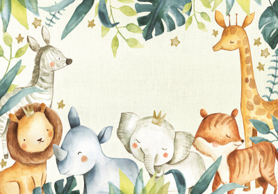 Papier peint mural pour chambre d'enfant : animaux de la savane (girafe, lion, éléphant) - vert