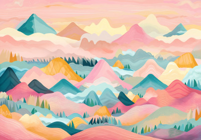 Papier peint mural : illustration colorée aux tons pastel représentant des montagnes, rose et bleu, pour le salon ou la chambre d'enfant