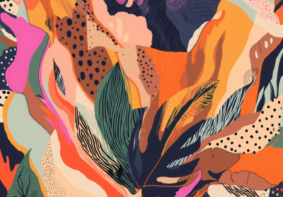 Papier peint mural abstrait style bohème, feuilles colorées orange et bleu marine, salon et chambre