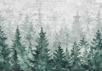 Papier peint mural avec des pins, aquarelle, brique, vert, blanc, salon, chambre