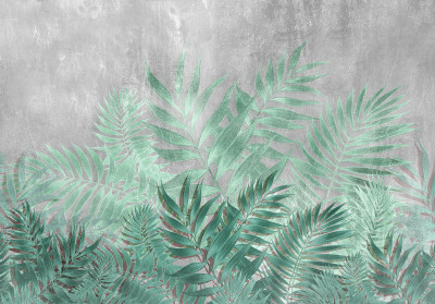 Papier peint mural à motifs de feuilles de palmier, vert tropical et gris, pour le salon ou la chambre