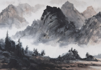 Papier peint mural « Montagnes » style sumi-e japonais, gris brume et noir, pour salon ou bureau