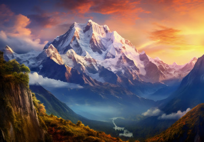 Papier peint mural : montagnes enneigées, coucher de soleil, vallée, orange, bleu, salon, chambre