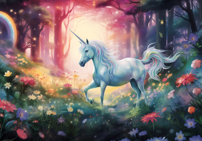 Papier peint mural pour chambre d'enfant : licorne, forêt, fleurs, arc-en-ciel, rose