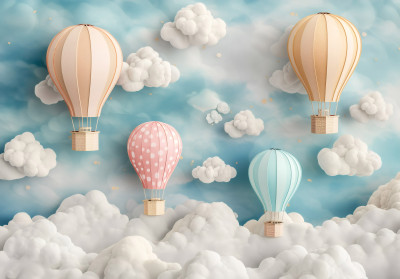 Papier peint mural pour chambre d'enfant : montgolfières, nuages, bleu pastel et rose