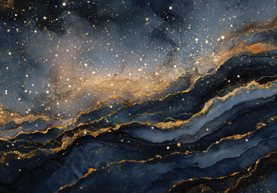 Papier peint mural galaxie marbre bleu marine et doré avec des étoiles – salon, chambre, bureau