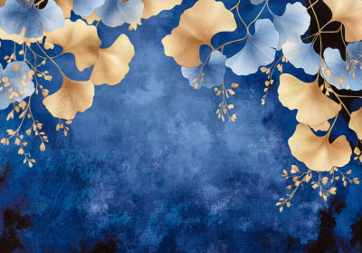 Papier peint mural « Feuilles de ginkgo » doré, bleu marine et glamour pour le salon, la chambre et la salle à manger