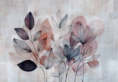 Papier peint mural : motif floral esquissé à l'aquarelle, rose et gris, style Japandi, pour chambre à coucher ou salon