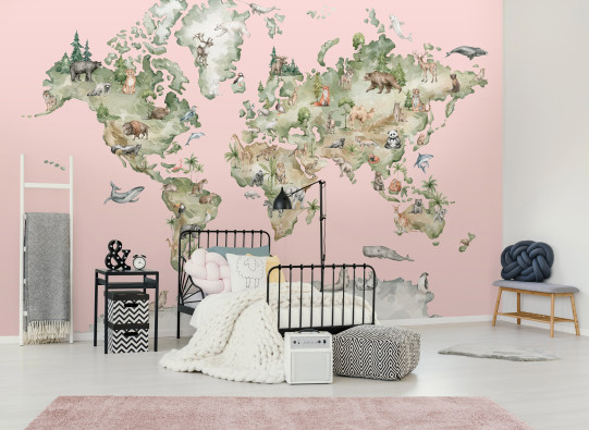 Papier peint mural repr&eacute;sentant une carte du monde avec des animaux, rose, pour chambre d'enfant