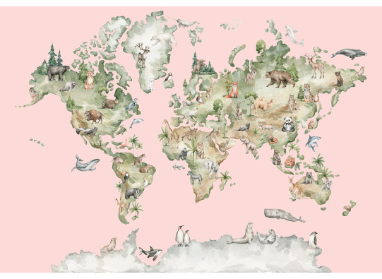 Papier peint mural repr&eacute;sentant une carte du monde avec des animaux, rose, pour chambre d'enfant